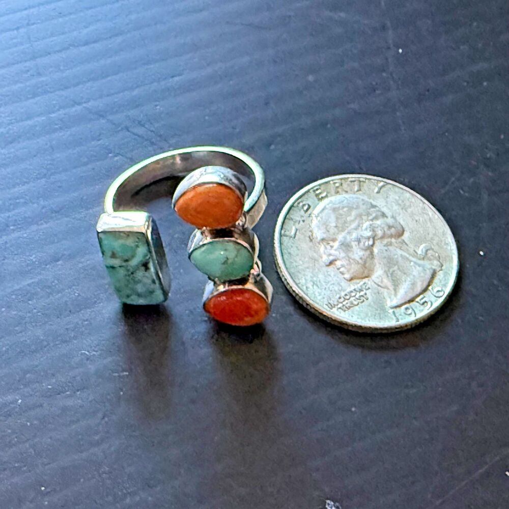 Sterling Silver Turquoise & Spiny Oyster Southwestern Bypass Statement Ring - Picture 4 of 8